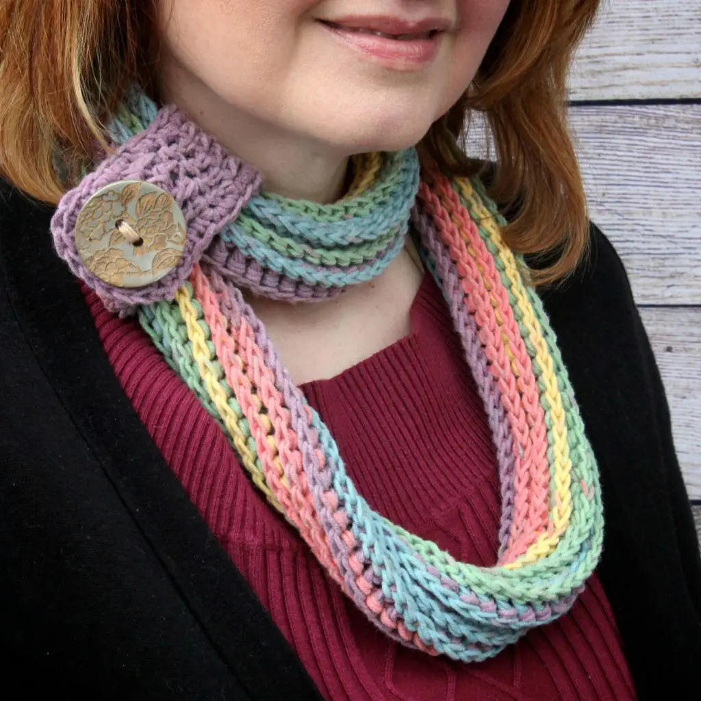 Coiling Colors Cowl free crochet pattern featuring Caron Cotton Cakes