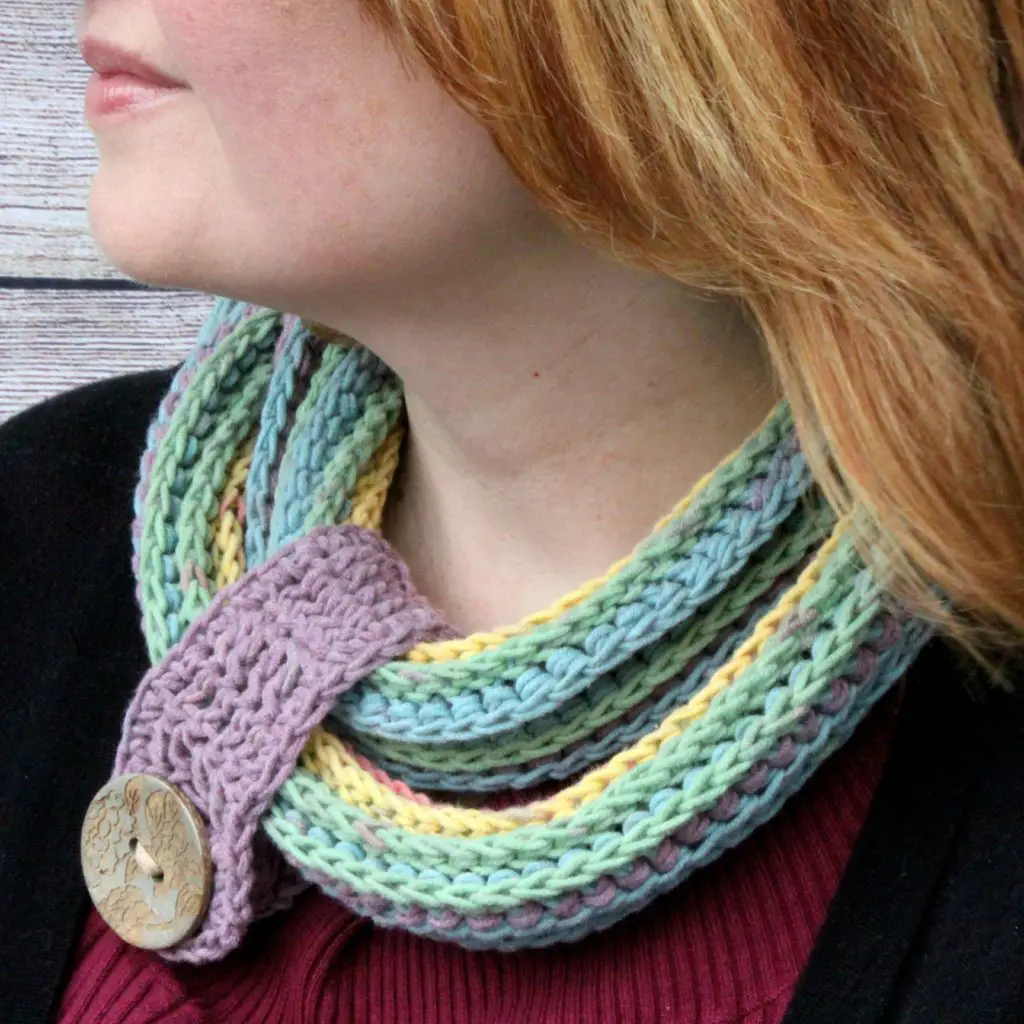 Coiling Colors Cowl free crochet pattern featuring Caron Cotton Cakes