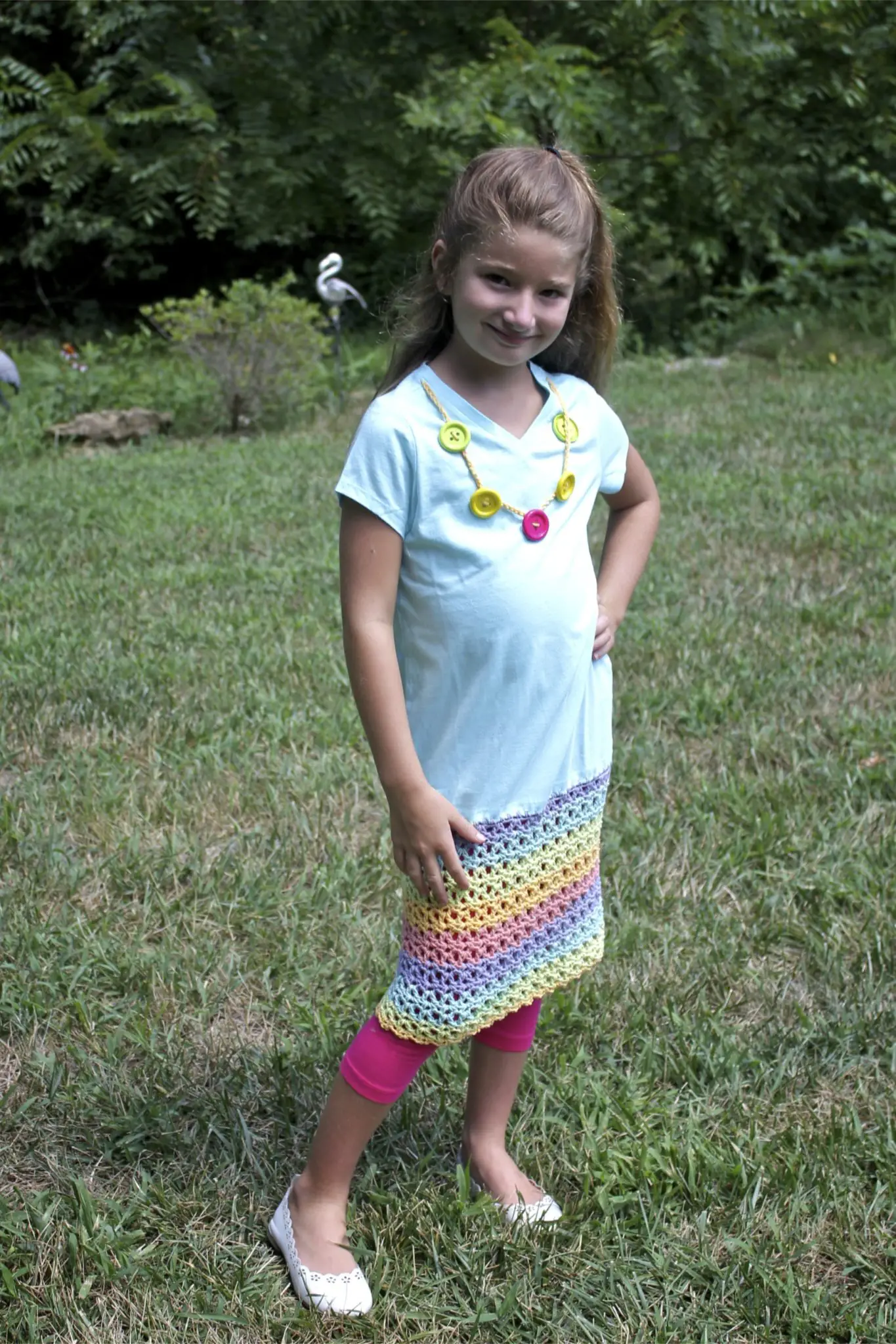 Pretty Play Date Dress free Crochet Pattern featuring Caron Cotton Cakes