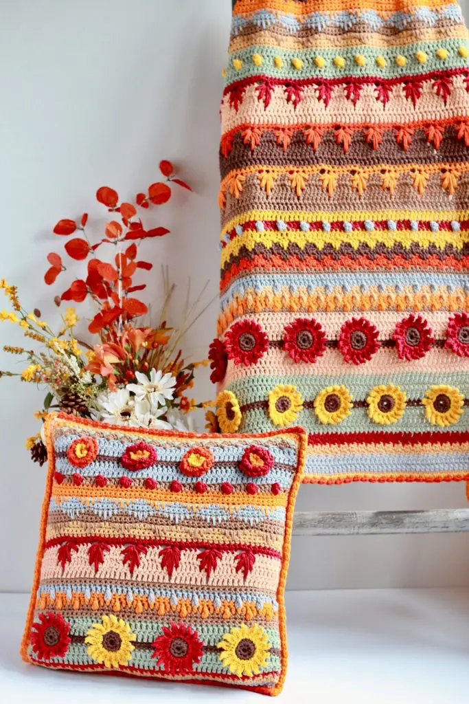 Stitch Sampler Autumn Rhapsody Blanket and Pillow Free crochet Patterns + Giveaway