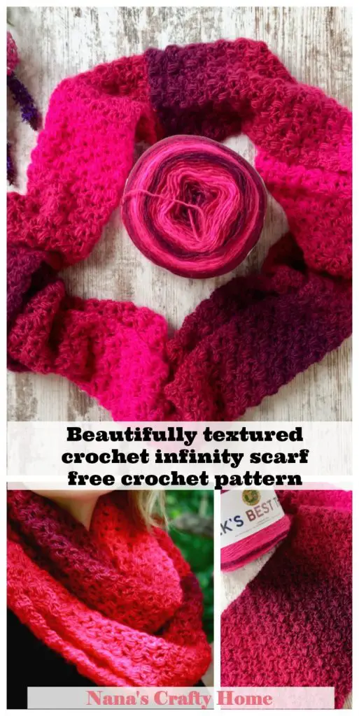 Beginner friendly textured crochet infinity scarf free crochet pattern