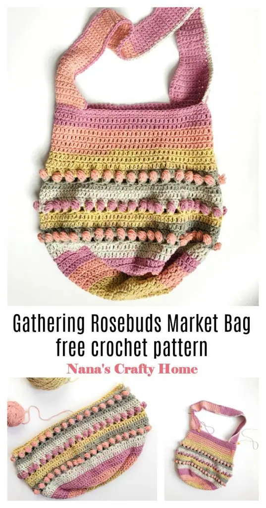 Gathering Rosebuds Market Bag free crochet pattern Pinterest collage