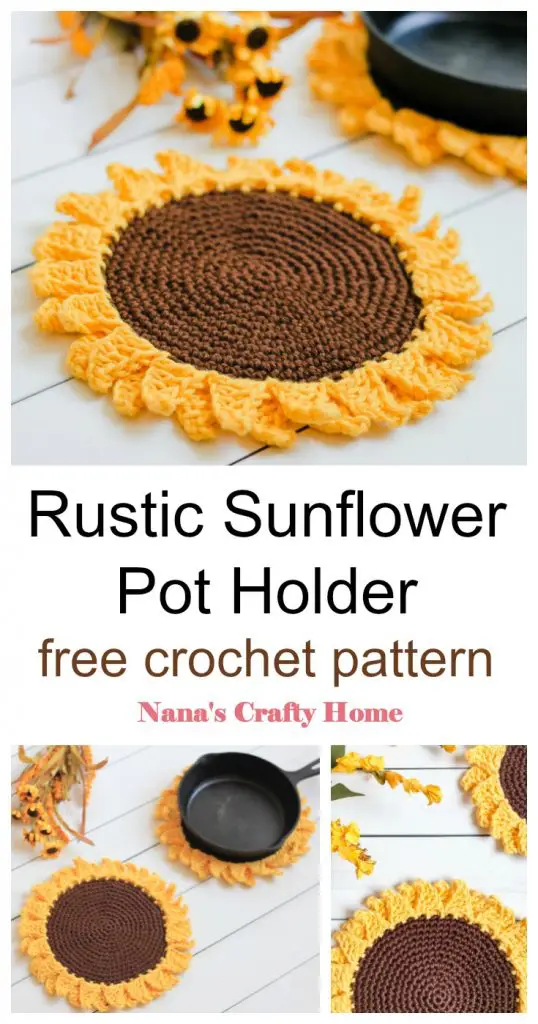 Sunflower Pot holder free crochet pattern Pinterest collage