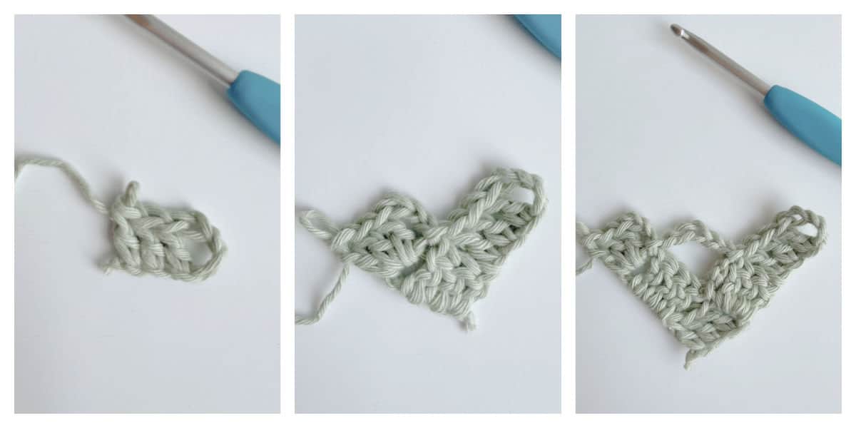C2C crochet mesh stitch tutorial collage process rows 1 - 3