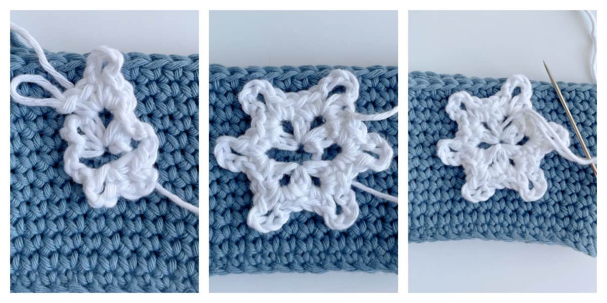 crochet snowflake process round 2 & finish
