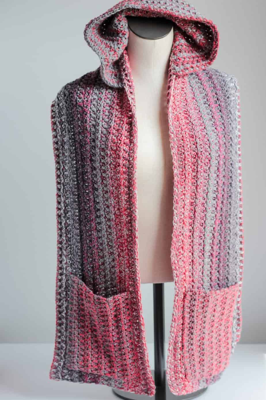 crochet hooded pocket scarf using Mandala Tweed Stripes