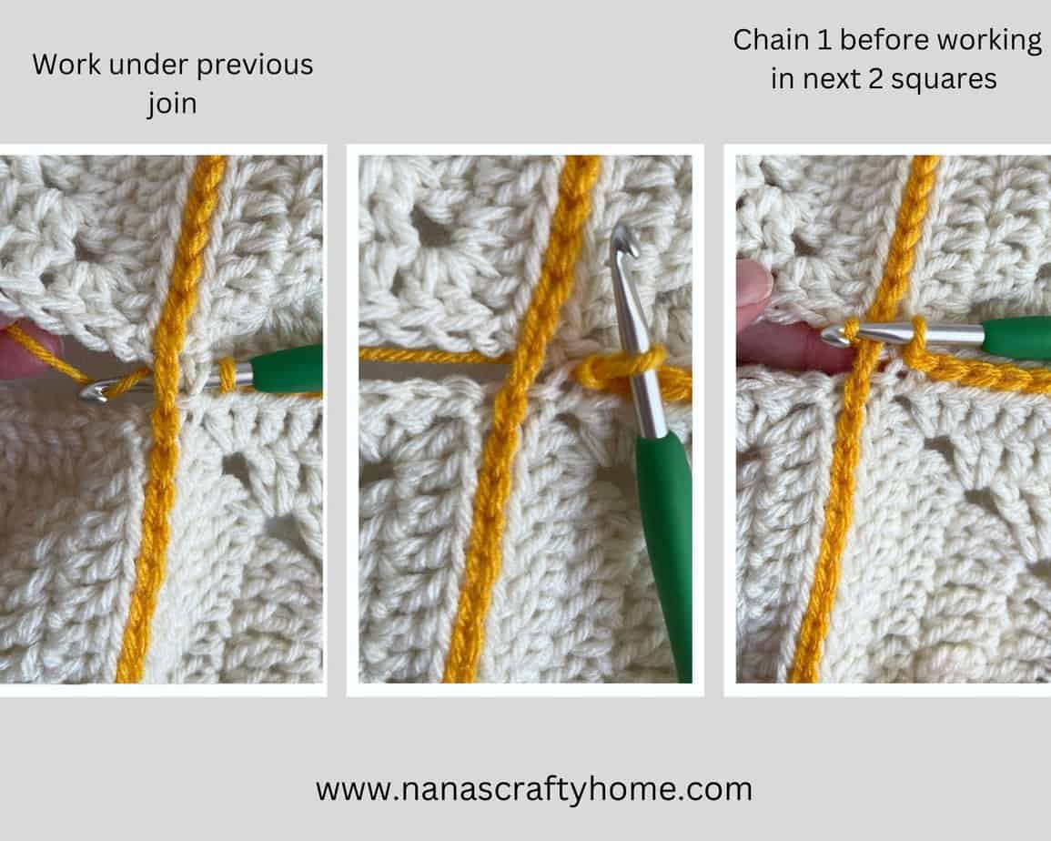 Slip stitch crochet join method at intersection of squares.