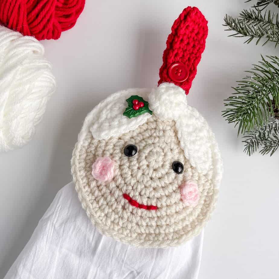 Mrs. Claus free crochet towel topper pattern